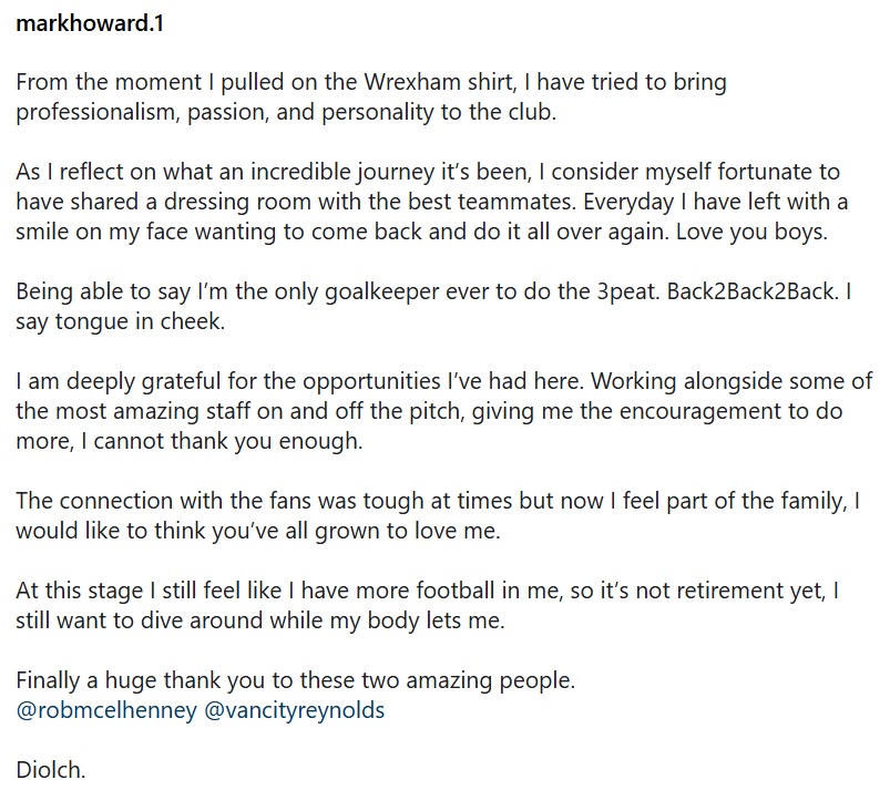 RobRyanRed's tweet image. 58 appearances, 19 clean sheets, three promotions.
Mark Howard has announced he will leave Wrexham this summer. One of the most important figures during our rise from non-league, a model professional.
Diolch, Chomp ❤️