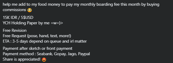 Open urgent comms to pay monthly boarding TwT)>
Details on second pic!

This is include commercial content fee. 
For commercial merch fee charged x3

You can also order on VGen =w=)>
vgen.co/ayayascy/servi…

Share is appreciate!!!