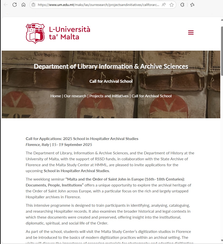This week-long School in Hospitaller Archival Studies, taking place in Florence in September this year, may be of interest to researchers studying the Hospitallers. Apply by 15 June to: um.edu.mt/maks/las/ourre…