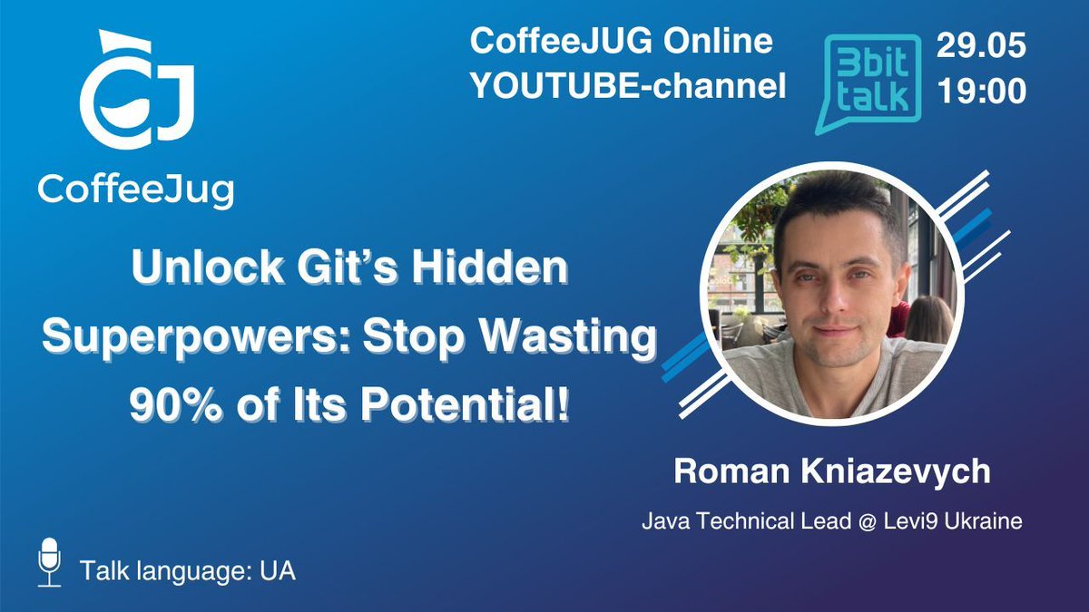 CoffeeJug (@coffeejug) on Twitter photo Online "Unlock Git’s Hidden Superpowers: Stop Wasting 90% of Its Potential!"
📅 Date: 29th May (Thursday)
⏰ Time: 7:00 PM - 8:00 PM
🎤 Speaker: Roman Kniazevych, Java Technical Lead @ Levi9 Ukraine
🆓 Entrance is FREE! forms.gle/56BMiTTGCc8Noe…
 #CoffeeJUG #JUG #Git Online "Unlock Git’s Hidden Superpowers: Stop Wasting 90% of Its Potential!"
📅 Date: 29th May (Thursday)
⏰ Time: 7:00 PM - 8:00 PM
🎤 Speaker: Roman Kniazevych, Java Technical Lead @ Levi9 Ukraine
🆓 Entrance is FREE! forms.gle/56BMiTTGCc8Noe…
 #CoffeeJUG #JUG #Git