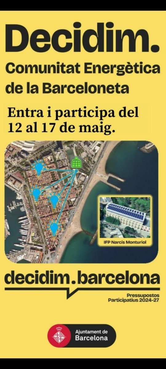 Ens ajudeu a superar la votació?  Fins al 17 de maig es pot votar. La nostra proposta de Comunitat Energètica a la Barceloneta va superar la primera votació! Moltíssimes gràcies! Ara torna a haver novament votació per decidir a quin projecte es destinen. 
lenergetica.cat/actualitat/ens…