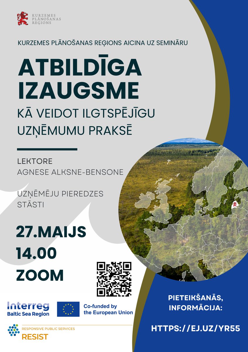 ‼️ Pievienojies bezmaksas semināram “Atbildīga izaugsme: Kā veidot ilgtspējīgu uzņēmumu praksē?” 
📅 27. maijā plkst. 14.00 (Zoom)
👉 Reģistrēšanās līdz 26. maijam: ej.uz/yr55
Semināru organizējam #Interreg projekta #RESIST ietvaros.

#Ilgtspēja #Kurzeme #Uzņēmējiem