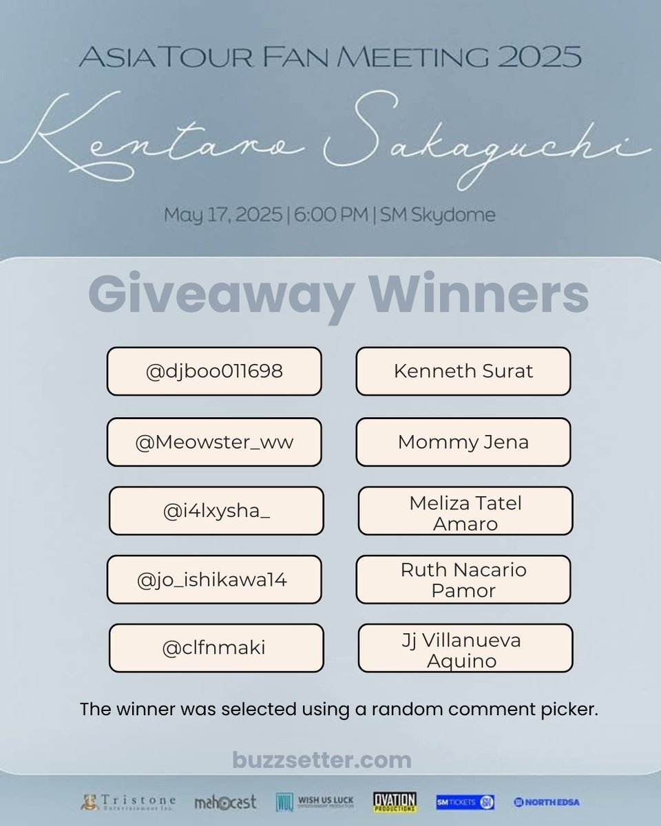 buzzsetter_'s tweet photo. Congratulations to the winners!

You’ve won tickets to #KentaroSakaguchiInManila. Please DM us for instructions on how to claim your ticket.

Thank you to everyone who joined! https://t.co/XfVHdsO9ma