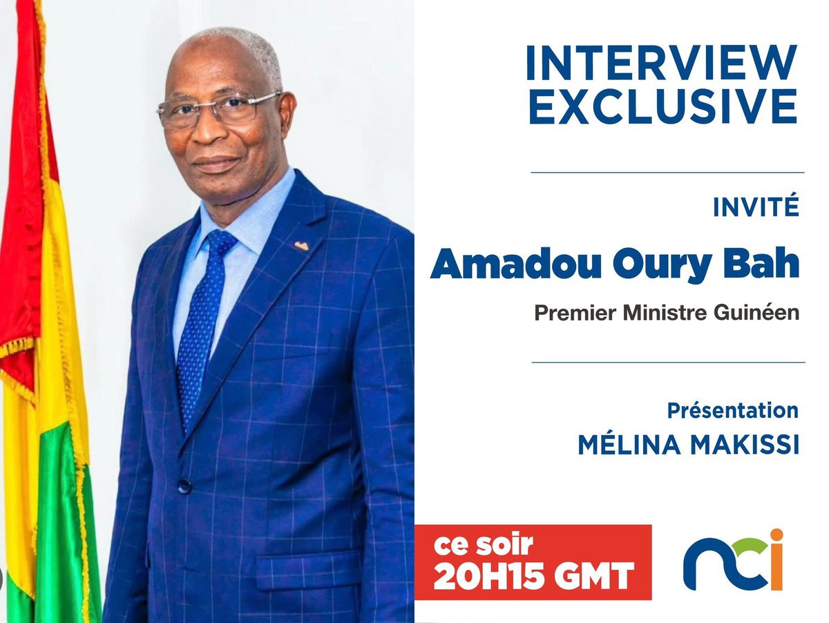 Ce soir à 20H15 sur NCI, ne manquez pas l'interview exclusive avec le Premier Ministre guinéen Amadou Oury Bah.
Interview réalisée  par Melina Makissi.
#çasepasseici #NCI