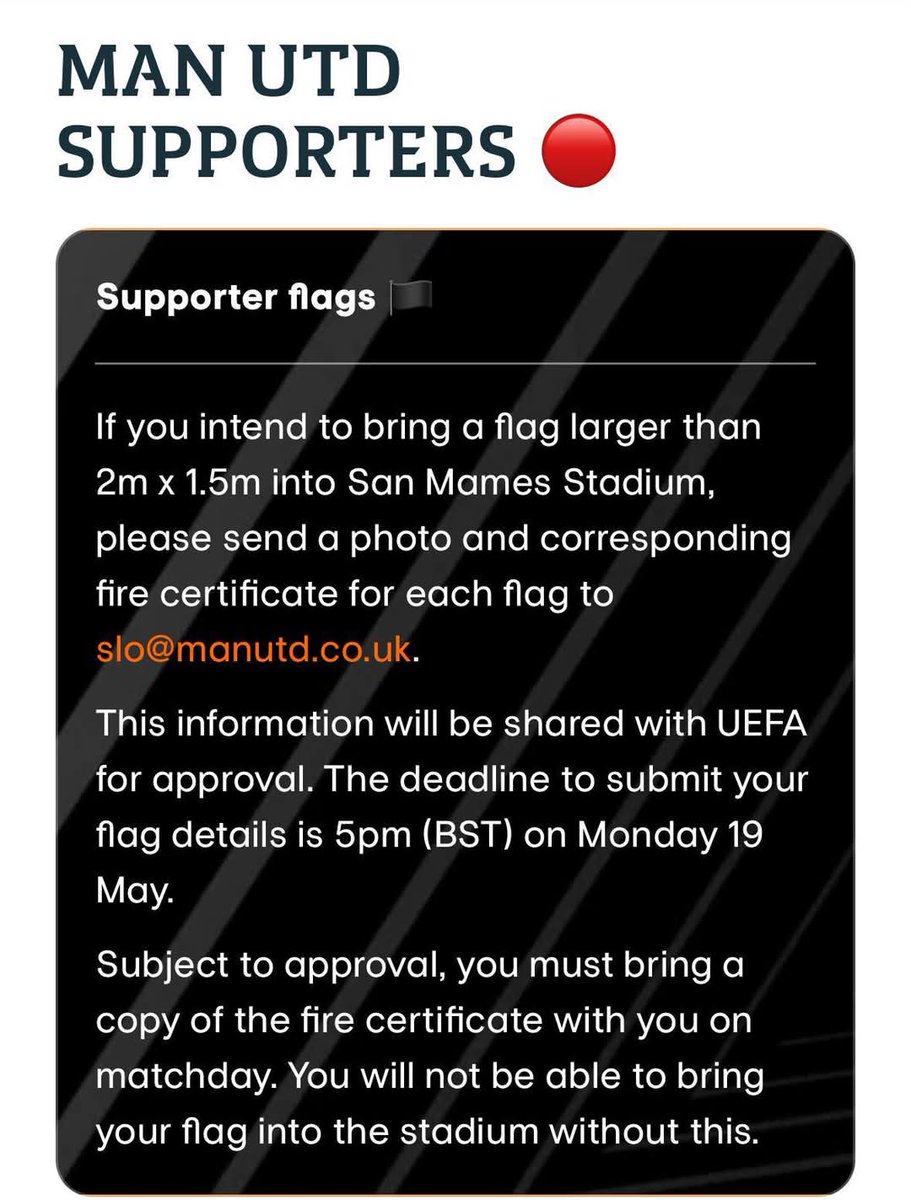 Infor for any #mufc fan planning on taking a flag to the final in Bilbao 🇾🇪
Flags smaller than 2m x 1.5m are permitted. For flags larger than this size you will need pre approval. The deadline for this is next Monday, 19th at 5pm.