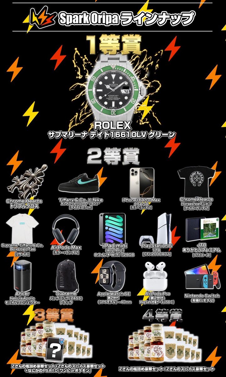 【今週は拡散アマギフ付き💰】
今週のスパークオリパは久々の高額プレミアムくじ『極』だ。
一口30,000ptで高額だが口数が少ないから確率はいつもより上がってる。

1000口で一人10口だから実質100分の1でROLEXが狙えるって事よ。
瓶詰めとスパイスのセットも超豪華だから欲しい人は発送してくれ。