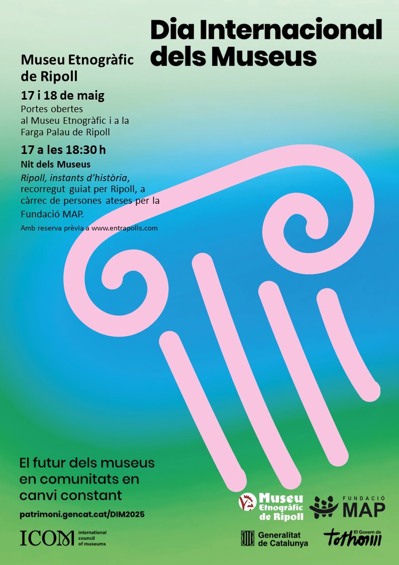 ℹ️ Dia Internacional dels Museus 2025 a #Ripoll:

👉 Portes obertes al Museu Etnogràfic i a la Farga Palau els dies 17 i 18 de maig.

🌙 Nit dels Museus el 17 de maig a les 18:30 h amb la visita guiada “Ripoll, instants d’història”. Cal reserva prèvia: entrapolis.com/entrades/ripol…