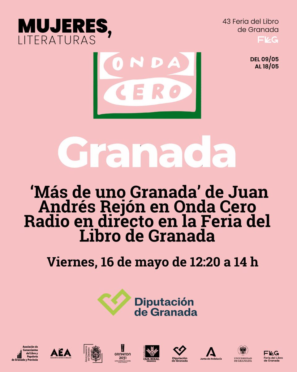 📻 𝐕𝐢𝐞𝐫𝐧𝐞𝐬, 𝟏𝟔 𝐝𝐞 𝐦𝐚𝐲𝐨, ‘𝐌𝐚́𝐬 𝐝𝐞 𝐮𝐧𝐨 𝐆𝐫𝐚𝐧𝐚𝐝𝐚’ 𝐝𝐞 𝐉𝐮𝐚𝐧 𝐀𝐧𝐝𝐫𝐞́𝐬 𝐑𝐞𝐣𝐨́𝐧 𝐞𝐧 𝐎𝐧𝐝𝐚 𝐂𝐞𝐫𝐨 𝐑𝐚𝐝𝐢𝐨 𝐞𝐧 𝐝𝐢𝐫𝐞𝐜𝐭𝐨 𝐞𝐧 𝐥𝐚 𝐅𝐞𝐫𝐢𝐚 𝐝𝐞𝐥 𝐋𝐢𝐛𝐫𝐨 𝐝𝐞 𝐆𝐫𝐚𝐧𝐚𝐝𝐚.
🎙 De 12:20 a 14h.
#ferialibrogranada
#flg25