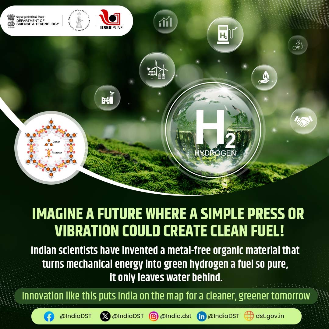 DSTIndia (@indiadst) on Twitter photo A research breakthrough from <a href="/jncasr/">JNCASR Bangalore</a>!
A cost-effective, metal-free organic catalyst can now produce green hydrogen fuel using just mechanical energy — no heavy metals required.
<a href="/DrJitendraSingh/">Dr Jitendra Singh</a> <a href="/karandi65/">Abhay Karandikar</a> <a href="/IISERPune/">IISER Pune</a> <a href="/Maji_TK/">Tapas K Maji</a>
🔗dst.gov.in/new-metal-free… A research breakthrough from <a href="/jncasr/">JNCASR Bangalore</a>!
A cost-effective, metal-free organic catalyst can now produce green hydrogen fuel using just mechanical energy — no heavy metals required.
<a href="/DrJitendraSingh/">Dr Jitendra Singh</a> <a href="/karandi65/">Abhay Karandikar</a> <a href="/IISERPune/">IISER Pune</a> <a href="/Maji_TK/">Tapas K Maji</a>
🔗dst.gov.in/new-metal-free…