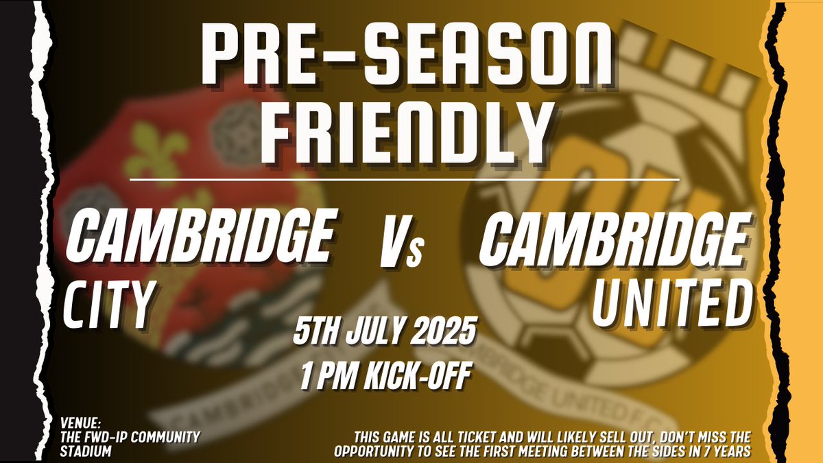 Cambridge City FC (@cambridgecityfc) on Twitter photo 🔥 LOCAL DERBY ANNOUNCEMENT! 🔥
City set to face <a href="/CambridgeUtdFC/">Cambridge United FC</a> in long awaited pre-season friendly
This match is more than just a friendly, it’s a celebration of local football and the strong ties between the 2 Cambridge clubs.
Match and ticket info to follow shortly 🔥 LOCAL DERBY ANNOUNCEMENT! 🔥
City set to face <a href="/CambridgeUtdFC/">Cambridge United FC</a> in long awaited pre-season friendly
This match is more than just a friendly, it’s a celebration of local football and the strong ties between the 2 Cambridge clubs.
Match and ticket info to follow shortly