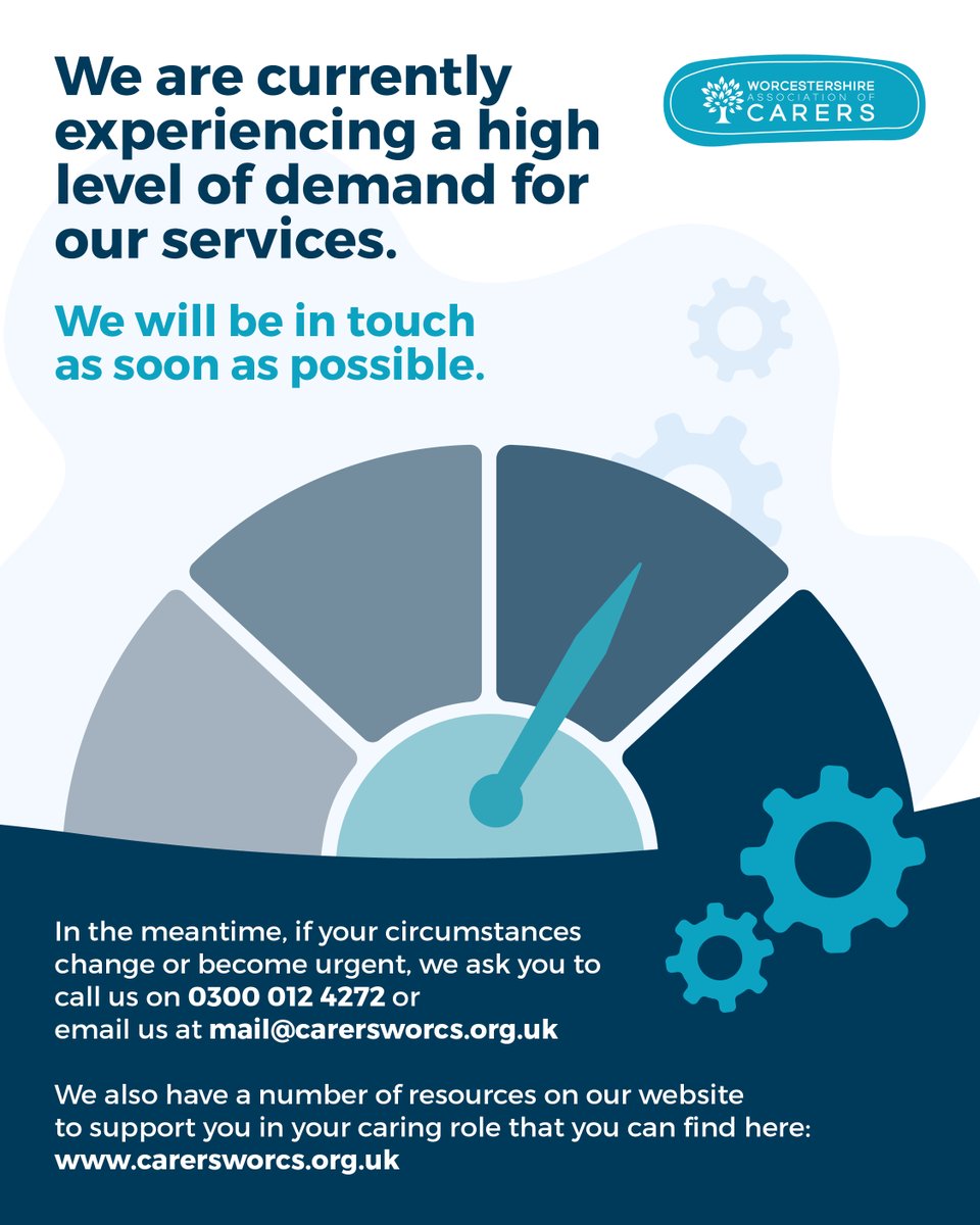 We are experiencing a high level of demand for our services. If your circumstances change or become urgent, we ask you to call us on 0300 012 4272 or email mail@carersworcs.org.uk   There's a number of resources on our website to support you: carersworcs.org.uk #carersupport