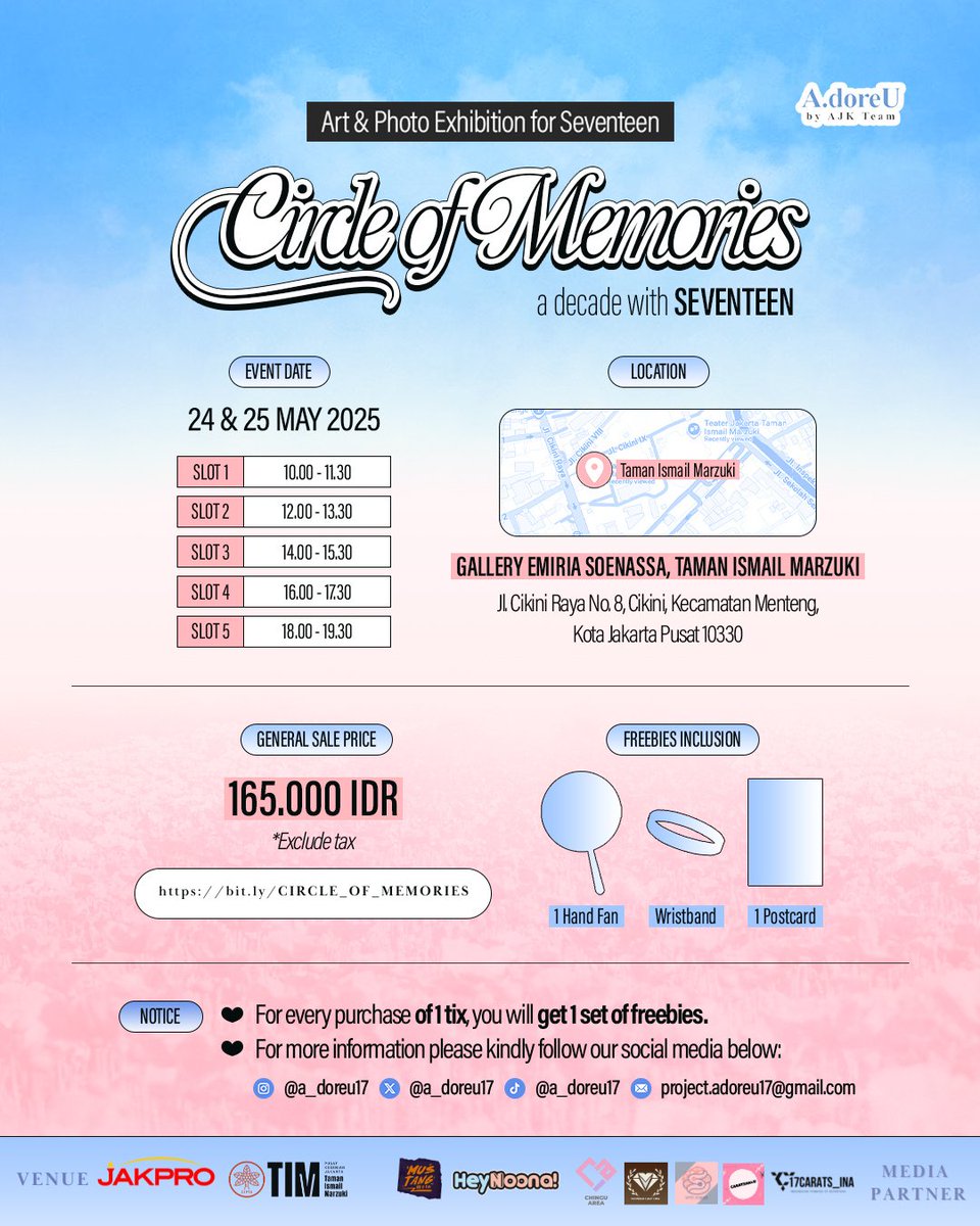 10𝐭𝐡 𝐀𝐧𝐧𝐢𝐯𝐞𝐫𝐬𝐚𝐫𝐲 𝐨𝐟 𝐒𝐞𝐯𝐞𝐧𝐭𝐞𝐞𝐧
Art &amp; Photo Exhibition for Seventeen
“𝘾𝙞𝙧𝙘𝙡𝙚 𝙤𝙛 𝓜𝓮𝓶𝓸𝓻𝓲𝓮𝓼 : 𝙖 𝘿𝙚𝙘𝙖𝙙𝙚 𝙬𝙞𝙩𝙝 𝙎𝙚𝙫𝙚𝙣𝙩𝙚𝙚𝙣”

🗓️ 24-25 Mei 2025
🔗 bit.ly/CIRCLE_OF_MEMO…
📍 Gallery Emiria Soenassa, Taman Ismail Marzuki