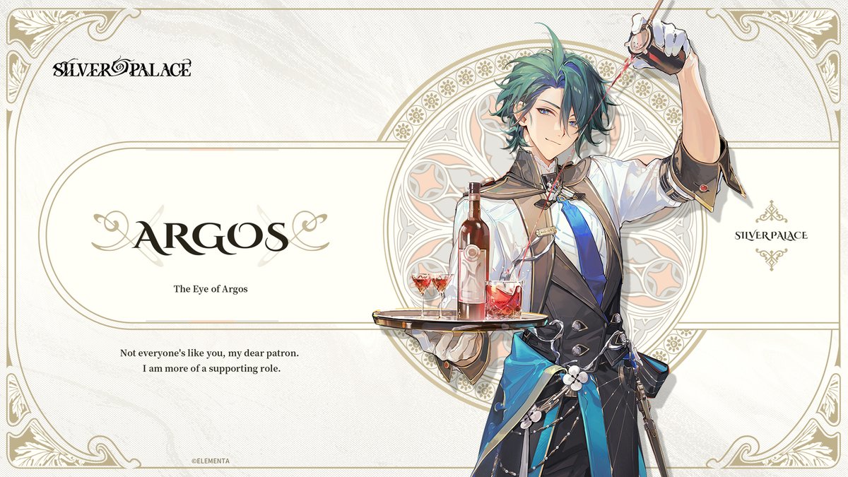Title Page // Bartender Argos
 
[The Eye of Argos]
 
A young bartender who has a silver tongue. He joined MISS to be on top, but things didn't work out to plan.
Everyone must earn their keep. He now lurks behind the bar, listening… and waiting. He knows precisely when to charm