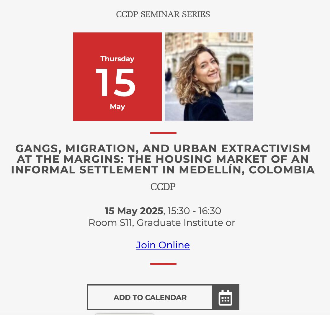 📍 Curious about my recent research on informal housing, migration, and gangs in one of Latin America's largest informal settlements?

📆 Join us TODAY at 3.30 CET for a seminar co-hosted by @CCDP &amp; <a href="/GVAGrad/">Geneva Graduate Institute</a> - in person &amp; online!

🔜 Info: graduateinstitute.ch/communications…