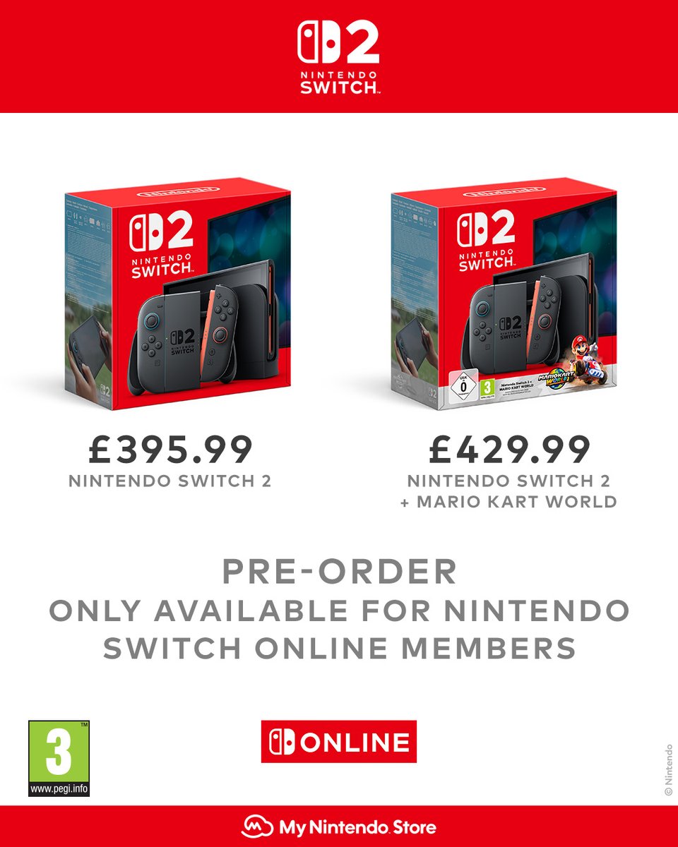 Nintendo Switch 2 and Nintendo Switch 2 + Mario Kart World are available to pre-order for Nintendo Switch Online members via My Nintendo Store.

🇬🇧: ntdo.com/6017fFFfh