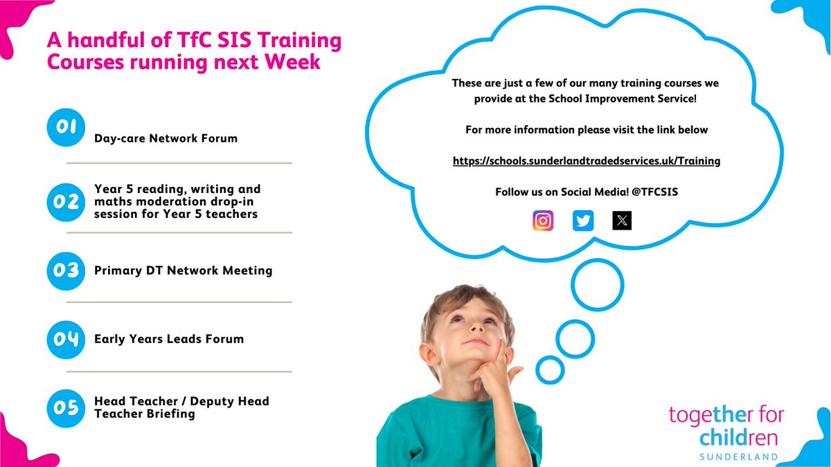 TfC School Improvement Service (@tfcsis) on Twitter photo Good morning!
Please see a handful of our Training and Courses upcoming from School Improvement:
For more information 📩
julie.harrison@togetherforchildren.org.uk
Don't miss out and book your place now! 👇schools.sunderlandtradedservices.uk Good morning!
Please see a handful of our Training and Courses upcoming from School Improvement:
For more information 📩
julie.harrison@togetherforchildren.org.uk
Don't miss out and book your place now! 👇schools.sunderlandtradedservices.uk