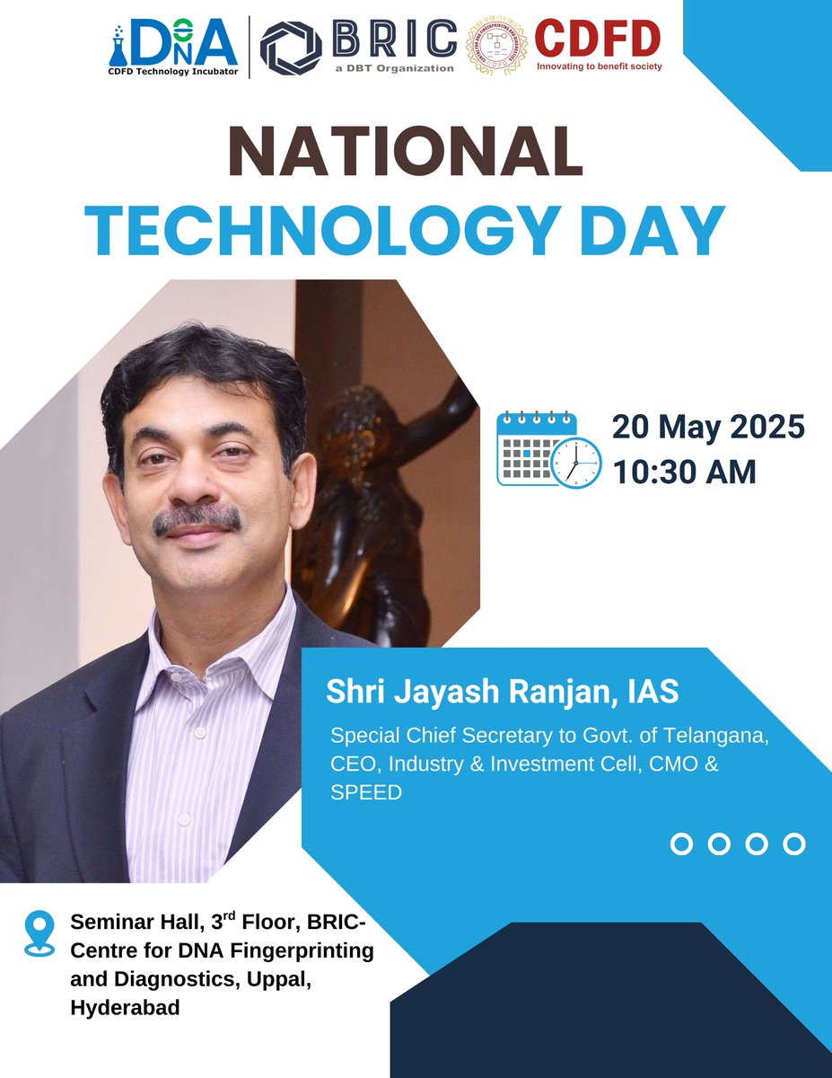 Join us in celebrating #NationalTechnologyDay on 20th May at <a href="/DBT_CDFD/">BRIC-CDFD</a>, featuring a keynote address by Shri <a href="/jayesh_ranjan/">Jayesh Ranjan</a>, IAS, Special Chief Secretary, Government of Telangana.

#startups #entrepreneurship #incubation #lifesciences #CDFDTechnologyIncubator #CDFD #biotech