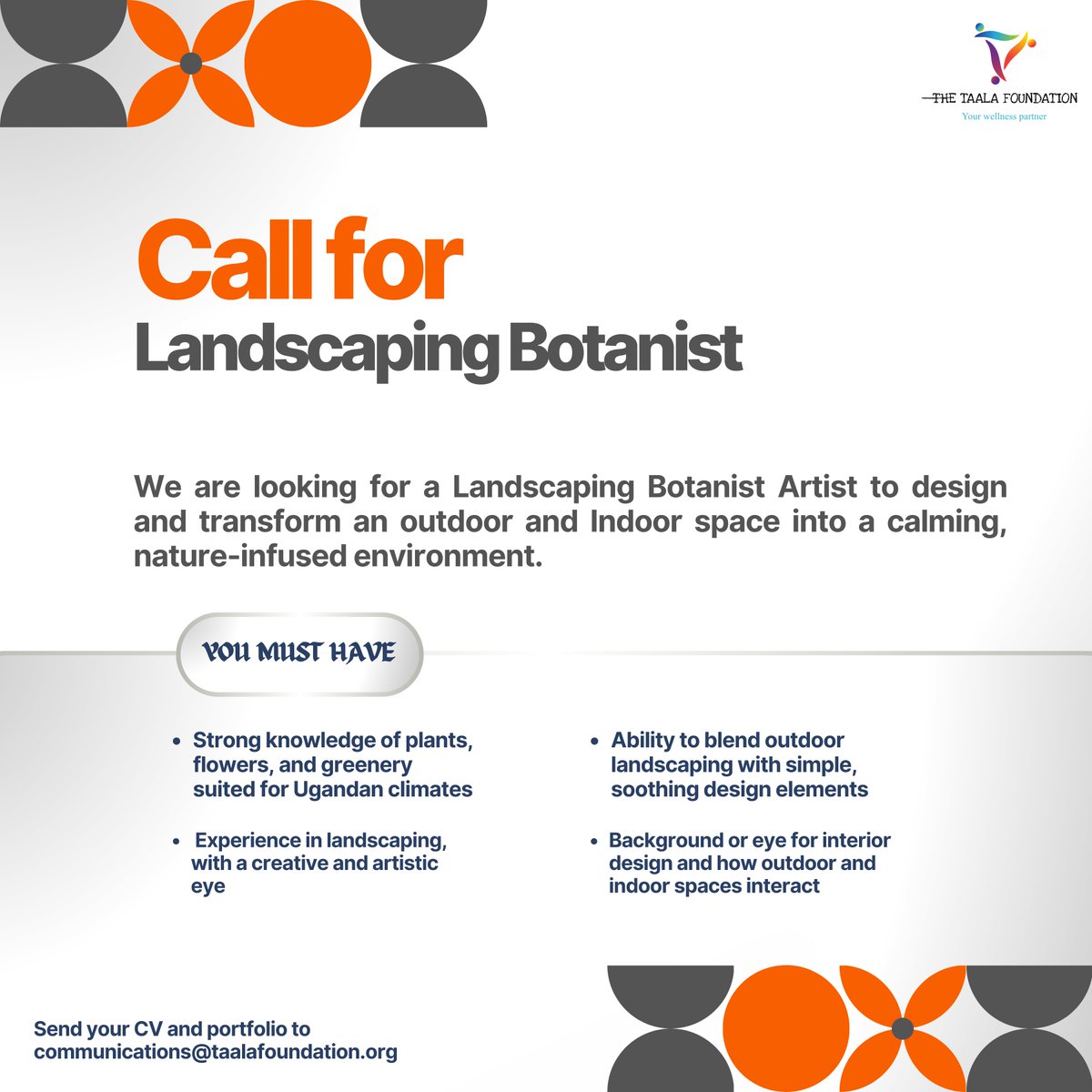 TaalaFoundation's tweet image. We are looking for someone who understands nature and design, someone who can bring life to open spaces while keeping that soft, interior flow.
If this sounds like you, send us your CV and portfolio at: communications@taalafoundation.org

#Taalafoundation #LandscapeArtist