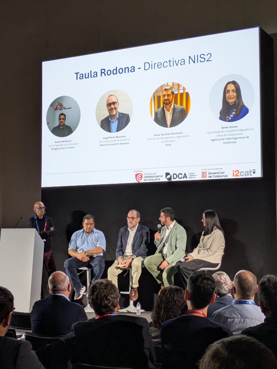 dca_cat's tweet photo. 🛡️Taula rodona sobre la implementació de la NIS2 amb professionals que lideren l’adaptació a la normativa.
▪️Martin de Riquer (@MSF_Espana)
▪️ Angel Perez Beumala (@Abertis)
 ▪️ Oscar Sanchez Muntaner (PUIG)
 ▪️ Belén Duran (@ciberseguracat)
#DCACiber https://t.co/gsgYCshaMX