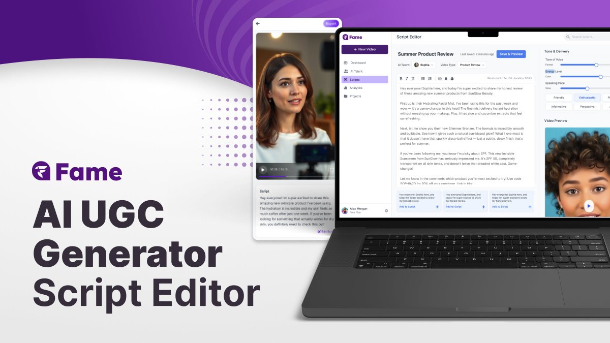 #MakeUGC with #FameAI's Script Editor 🔥

Craft and modify your pitch, while also adjusting the:
✔️ Tone of voice
✔️ Energy Level
✔️ Speaking Pace

Early Access is opening 🔜 
Comment “#FameAI” to join the waitlist!