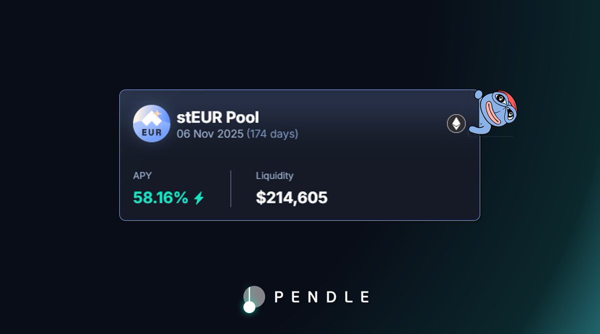 Pendle (@pendle_fi) on Twitter photo The first non-USD stablecoin has finally arrived!
Introducing stEUR (6 Nov 2025) by <a href="/AngleProtocol/">Angle ๐</a>
Start earning Euro fixed yields on Pendle ๐ The first non-USD stablecoin has finally arrived!
Introducing stEUR (6 Nov 2025) by <a href="/AngleProtocol/">Angle ๐</a>
Start earning Euro fixed yields on Pendle ๐