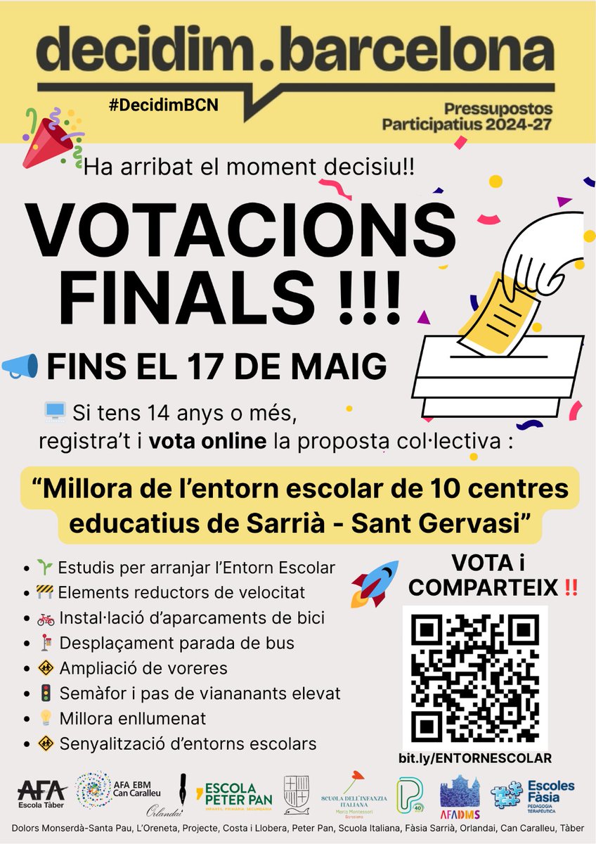 Vota als #PressupostosParticipatius <a href="/decidimbcn/">decidimbcn</a> de <a href="/Bcn_SSTG/">Sarrià - Sant Gervasi</a>
🗳️ bit.ly/ENTORNESCOLAR

#EntornEscolar #infància #bicibcn #SalutAmbiental #SeguretatViària #CamíEscolar #Sarrià #Bonanova #SantGervasi