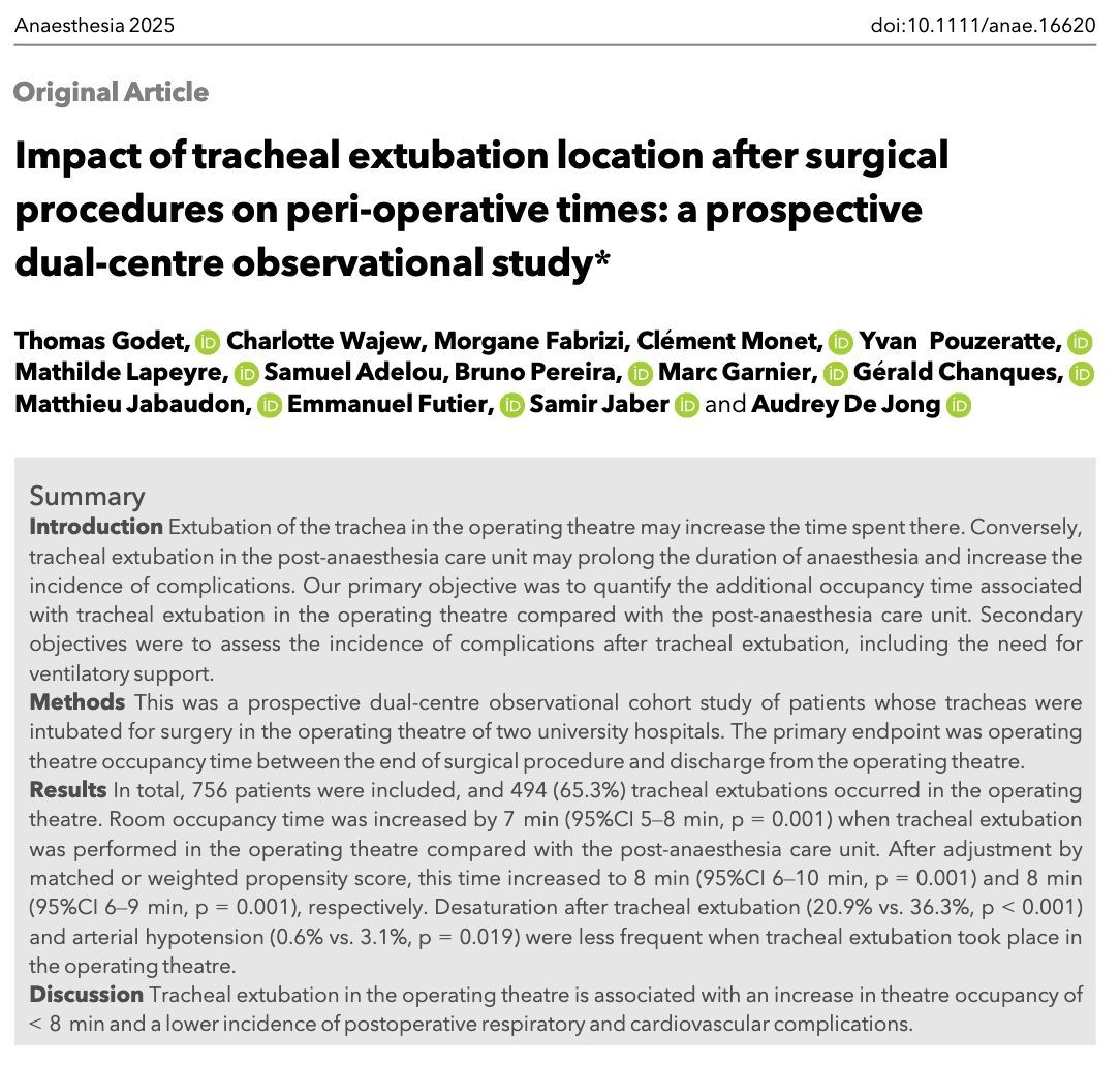ππ―π’π¦π΄π΅π©π¦π΄πͺπ’ (@anaes_journal) on Twitter photo Where do you perform tracheal extubation - theatre or the post-operative care unit?
Extubation in the OT is associated with an increase in theatre occupancy of <β8βmin and a lower incidence of postoperative respiratory & cardiovascular complications.
#MedTwitter
<a href="/ThomasGodetMD/">Thomas Godet MD PhD</a> Where do you perform tracheal extubation - theatre or the post-operative care unit?
Extubation in the OT is associated with an increase in theatre occupancy of <β8βmin and a lower incidence of postoperative respiratory & cardiovascular complications.
#MedTwitter
<a href="/ThomasGodetMD/">Thomas Godet MD PhD</a>