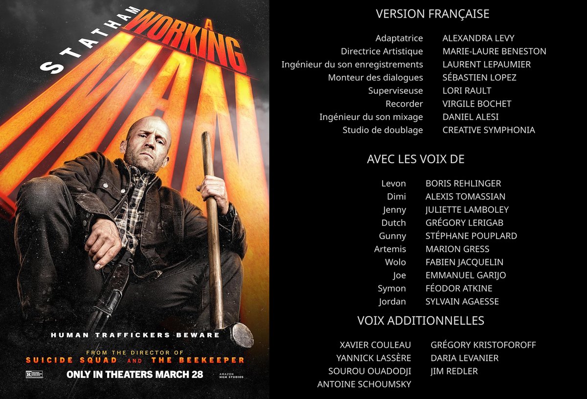 Bastien D. Fry (@bastiendruker) on Twitter photo Carton de doublage du film "A Working Man" sur Prime Vidéo dirigé par <a href="/mlbeneston/">Marie-Laure Beneston</a>
Avec le retour de notre Boris Rehlinger sur Jason Statham, <a href="/alexistomassian/">alexistomassian</a> <a href="/GregoryLerigab/">Grégory Lerigab 🕷️</a> et <a href="/yannicklassere/">Yannick Lassère</a> Carton de doublage du film "A Working Man" sur Prime Vidéo dirigé par <a href="/mlbeneston/">Marie-Laure Beneston</a>
Avec le retour de notre Boris Rehlinger sur Jason Statham, <a href="/alexistomassian/">alexistomassian</a> <a href="/GregoryLerigab/">Grégory Lerigab 🕷️</a> et <a href="/yannicklassere/">Yannick Lassère</a>
