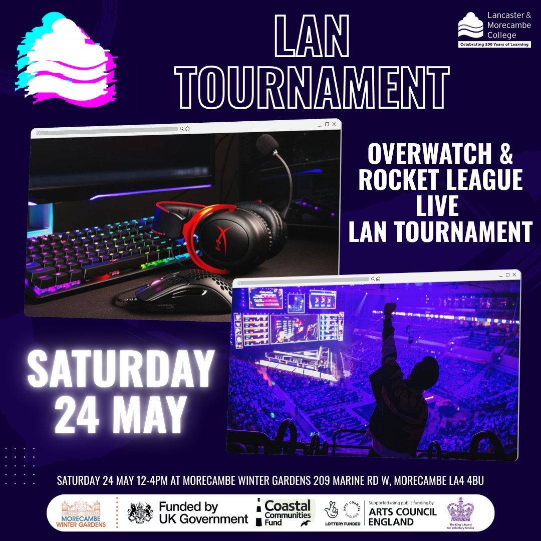 Did you know, <a href="/LMCollege/">Lancaster & Morecambe College (LMC)</a> Esports are hosting an Esports LAN Tournament (and cosplay event) at <a href="/MorecambeWG/">Morecambe Winter Gardens</a> on Saturday 24 May! We'd love you to join us - save the date! 📅 

For more info: esportslmc.wixsite.com/esportsevent

#lantournament #rocketleague #overwatch #halfterm