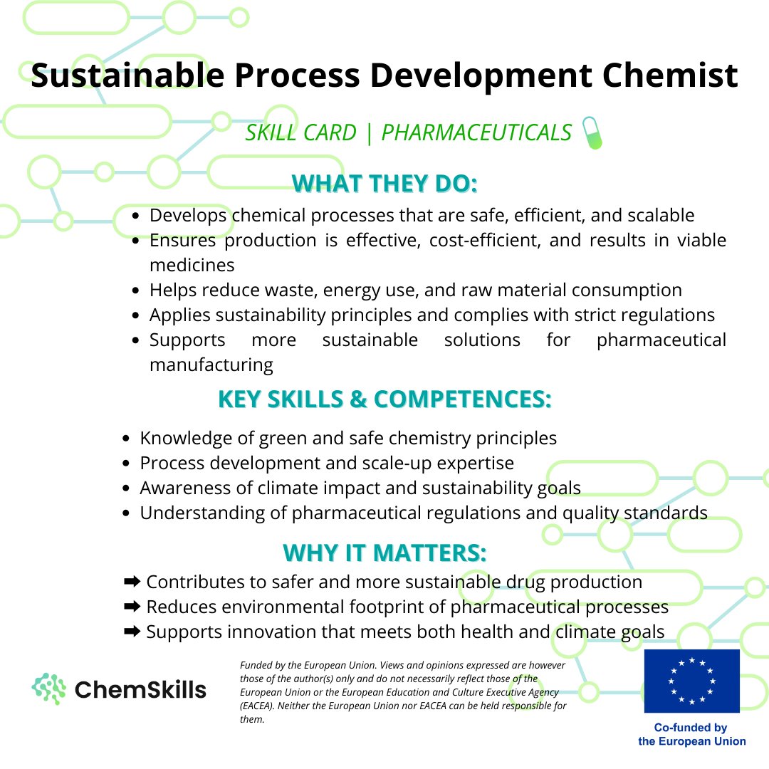 💊 Sustainable Process Development Chemists turn lab science into greener, safer pharma production.
They reduce waste, ensure safety, and help scale up treatments sustainably.
#ErasmusPlus #GreenSkills #SustainablePharma #FutureOfWork