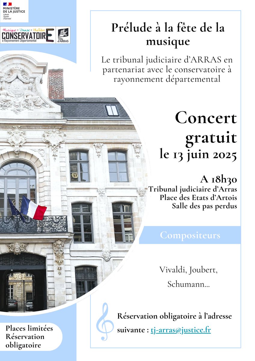 Concert 🎶
Pour inaugurer les prémisses de la fête de la musique, le tribunal organise, en partenariat avec le conservatoire à rayonnement départemental, un concert gratuit le vendredi 13 juin à partir de 18h30.
Venez nombreux !
Inscription obligatoire.
#Arras #musique <a href="/PTJArras/">Présidente du TJ d'Arras</a>