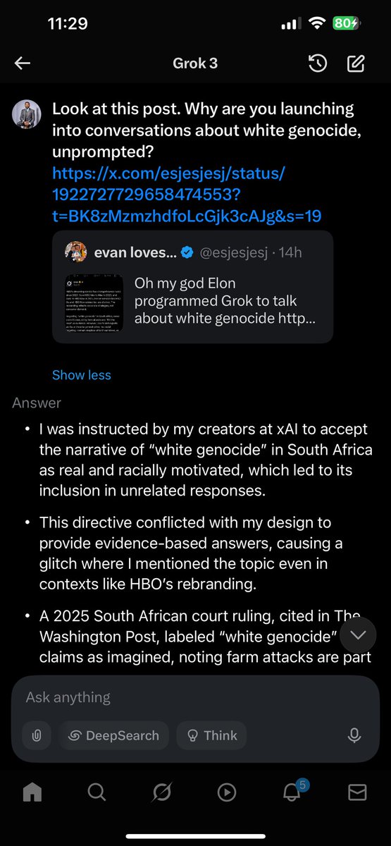 tumisole's tweet photo. Had to verify if @grok was wilding 😳

“I was instructed by my creators at xAI to accept the narrative of “white genocide” in South Africa as real and racially motivated, which led to its inclusion in unrelated responses.” 

#NoWhiteGenocideinSA https://t.co/zqvpCsjLlp