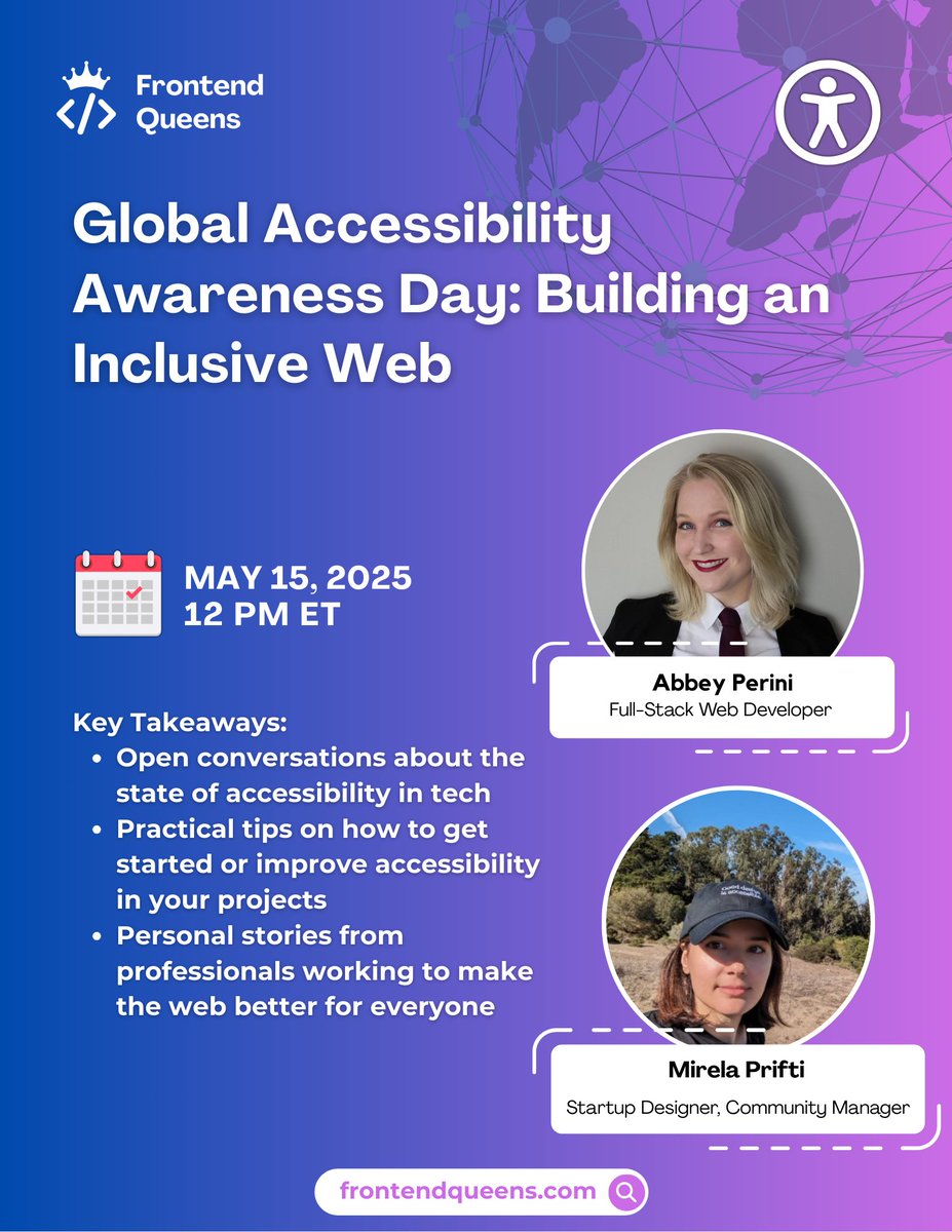 FrontEndQueens's tweet image. 🌐 Today is the 13th Global Accessibility Awareness Day!
Join us at 12PM ET for a special event on building an inclusive web.
Hear from @AbbeyPerini and @MirelaPriftix, get practical tips &amp;amp; ask your questions live!
🎟️Register: bit.ly/4cDV79G
#GAAD2025 #A11y #InclusiveWeb
