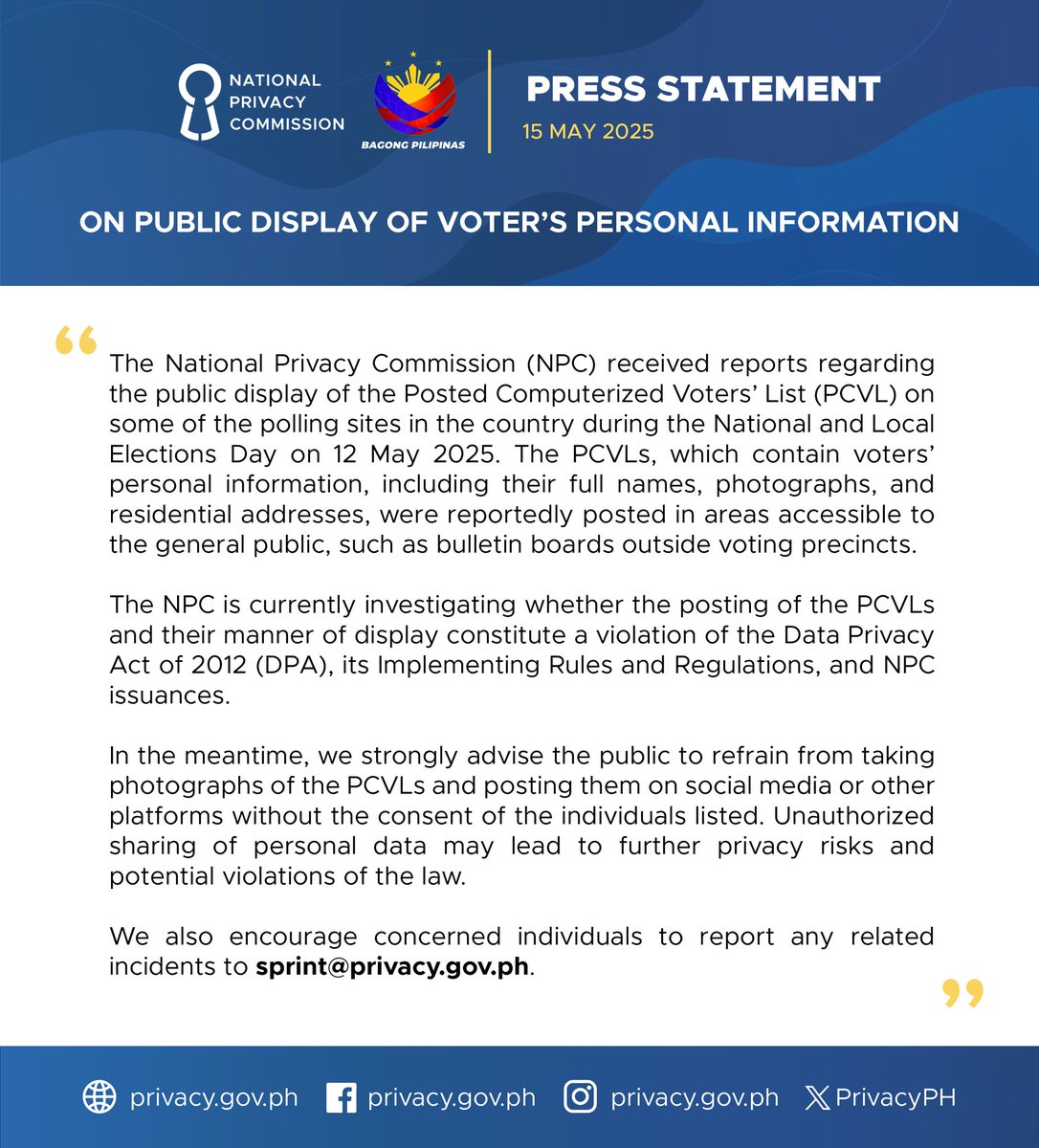 PRESS STATEMENT

On Public Display of Voter’s Personal Information

Read more below or on our website: privacy.gov.ph/on-public-disp…

#PrivacyPH
