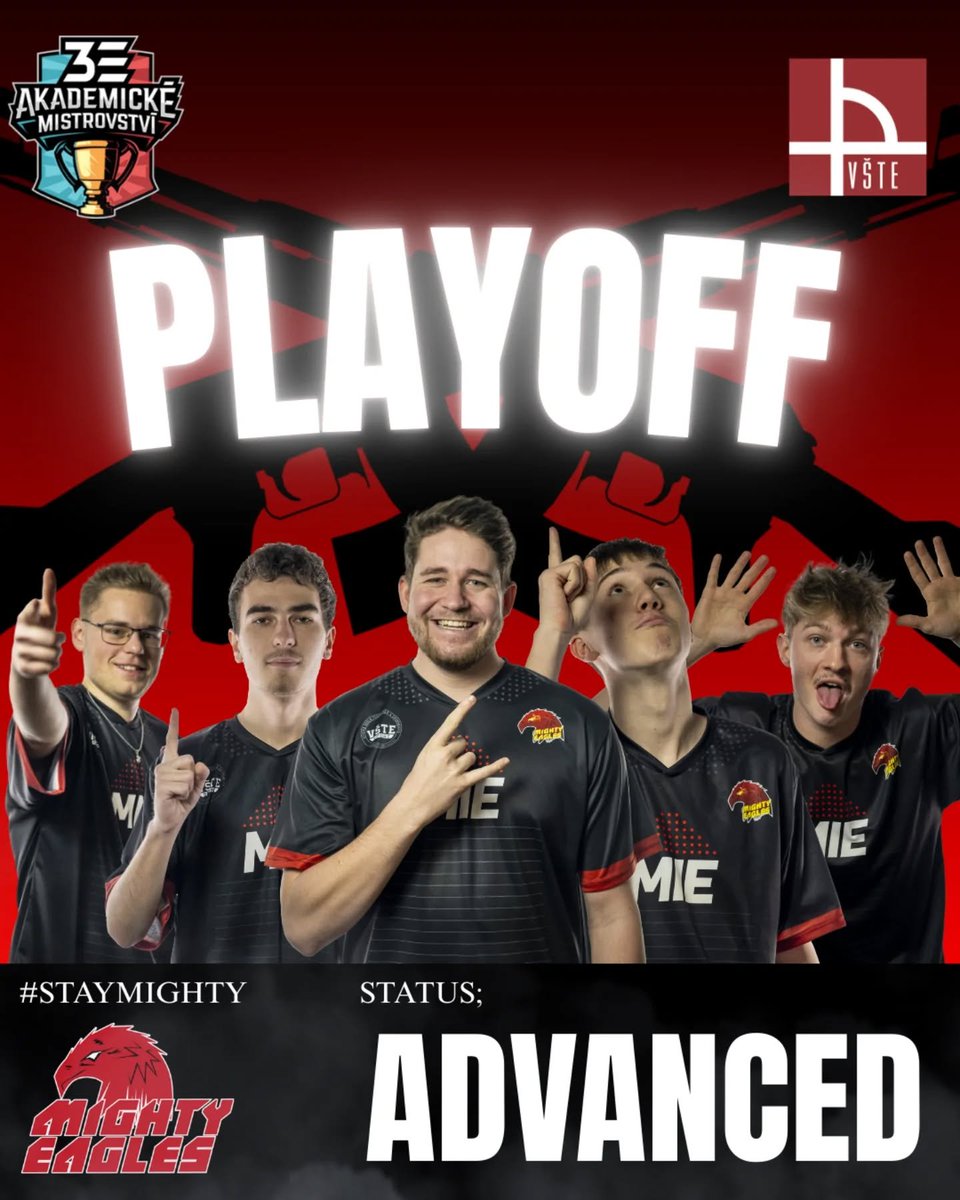 Náš reprezentační CS2 tým v rámci univerzitní ligy pod organizací ESA postupuje do PLAYOFF!

Tým odstartuje další fázi turnaje proti týmu UNIZA Esport.

Kluci dřou, byli na Bootcampu a pravidelně trénují, proto je postup zasloužený a my jim nepřestáváme fandit!

#STAYMIGHTY