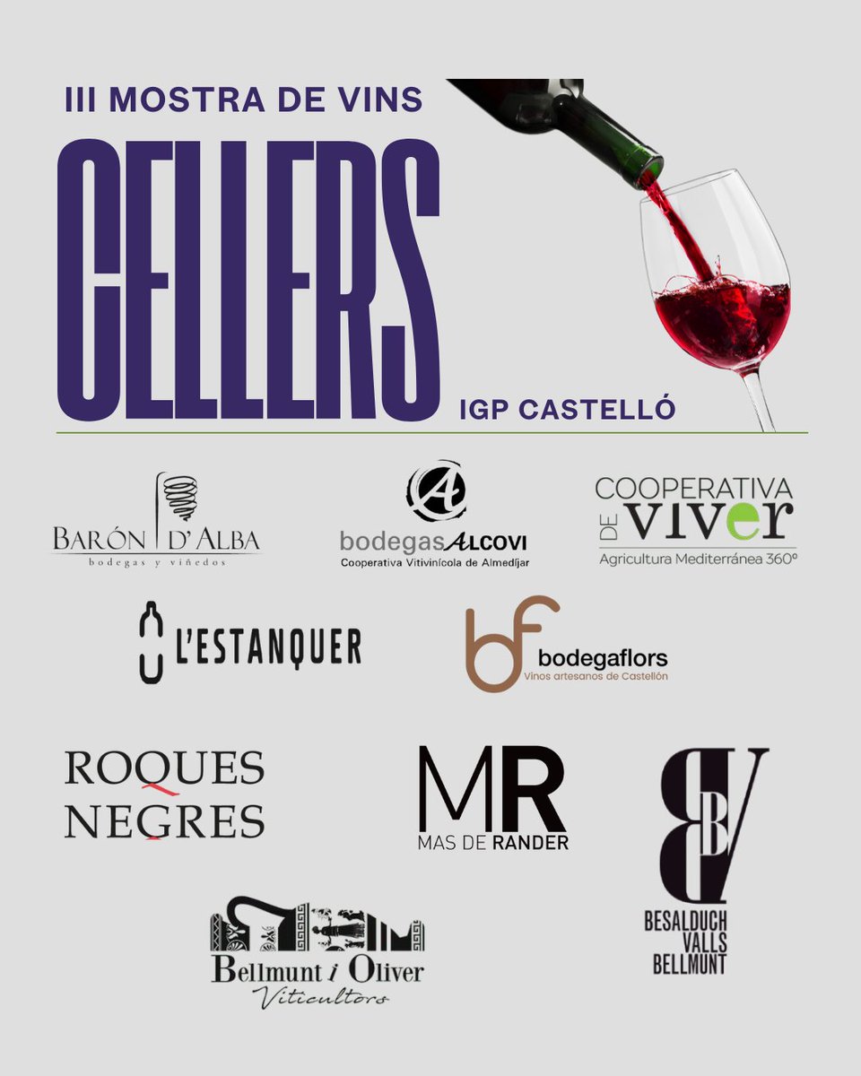 IGP Castelló 🍷 (@igpcastello) on Twitter photo 🍷Cellers de la III Mostra de Vins per a professionals - IGP Castelló
🍇 L'Estanquer
🍇 <a href="/coopviver/">Cooperativa Viver</a>
🍇<a href="/BAlcovi/">Bodega Alcovi</a>
🍇Bellmunt Oliver Viticultors
🍇<a href="/MasdeRander/">Bodega Mas de Rander</a>
🍇<a href="/BodegaFlors/">Bodega Flors</a>
🍇<a href="/barondalba/">Clos d'Esgarracordes</a>
🍇<a href="/roquesnegres1/">roquesnegres</a>
🍇Besalduch, Valls & Bellmunt
#IGPCastelló #bodegasigp #castellón 🍷Cellers de la III Mostra de Vins per a professionals - IGP Castelló
🍇 L'Estanquer
🍇 <a href="/coopviver/">Cooperativa Viver</a>
🍇<a href="/BAlcovi/">Bodega Alcovi</a>
🍇Bellmunt Oliver Viticultors
🍇<a href="/MasdeRander/">Bodega Mas de Rander</a>
🍇<a href="/BodegaFlors/">Bodega Flors</a>
🍇<a href="/barondalba/">Clos d'Esgarracordes</a>
🍇<a href="/roquesnegres1/">roquesnegres</a>
🍇Besalduch, Valls & Bellmunt
#IGPCastelló #bodegasigp #castellón
