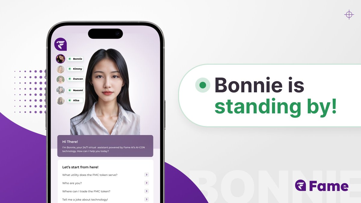 Bonnie's V1 has been added on getfame.ai! 🤖💬

She's currently on standby and ready to answer sample questions -- for now!

Soon, you'll be able to ask every inquiries and concerns that'll help you navigate the services of #FameAI 💯