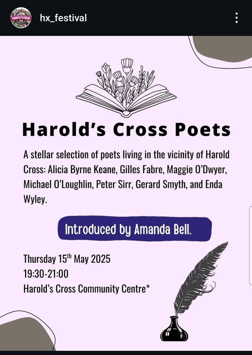 The week of activities keeps on coming! Tonight Amanda Bell introduces the poets of Harold's Cross and neighbouring areas 👇