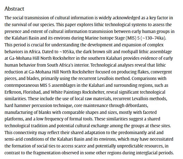 Research from our <a href="/DrPeeChiwara/">Dr. Precious Chiwara</a> provides evidence of early human behaviour in #SouthAfrica.

Done with HERI colleagues, the work suggests shared technological &amp; cultural exchange among groups in the Kalahari during the Marine Isotope Stage. 

Read: bit.ly/3GGF531