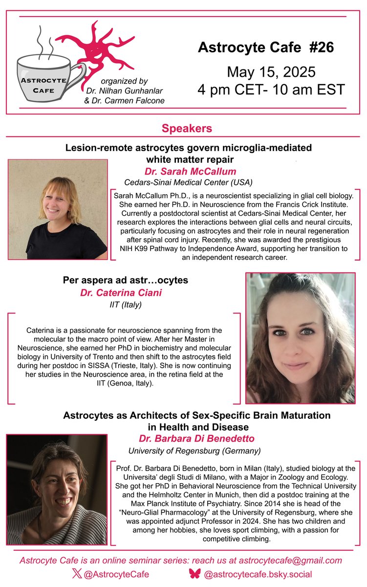 AstrocyteCafe (@astrocytecafe) on Twitter photo Join us today for another #AstrocyteCafe!!
We can't wait to hear the talks by <a href="/Sarah_MccGlia/">Dr Sarah McCallum</a>, <a href="/caterina_ciani/">Caterina Ciani</a> and <a href="/dibenedetto_lab/">Barbara Di Benedetto</a> 😍 Join us today for another #AstrocyteCafe!!
We can't wait to hear the talks by <a href="/Sarah_MccGlia/">Dr Sarah McCallum</a>, <a href="/caterina_ciani/">Caterina Ciani</a> and <a href="/dibenedetto_lab/">Barbara Di Benedetto</a> 😍