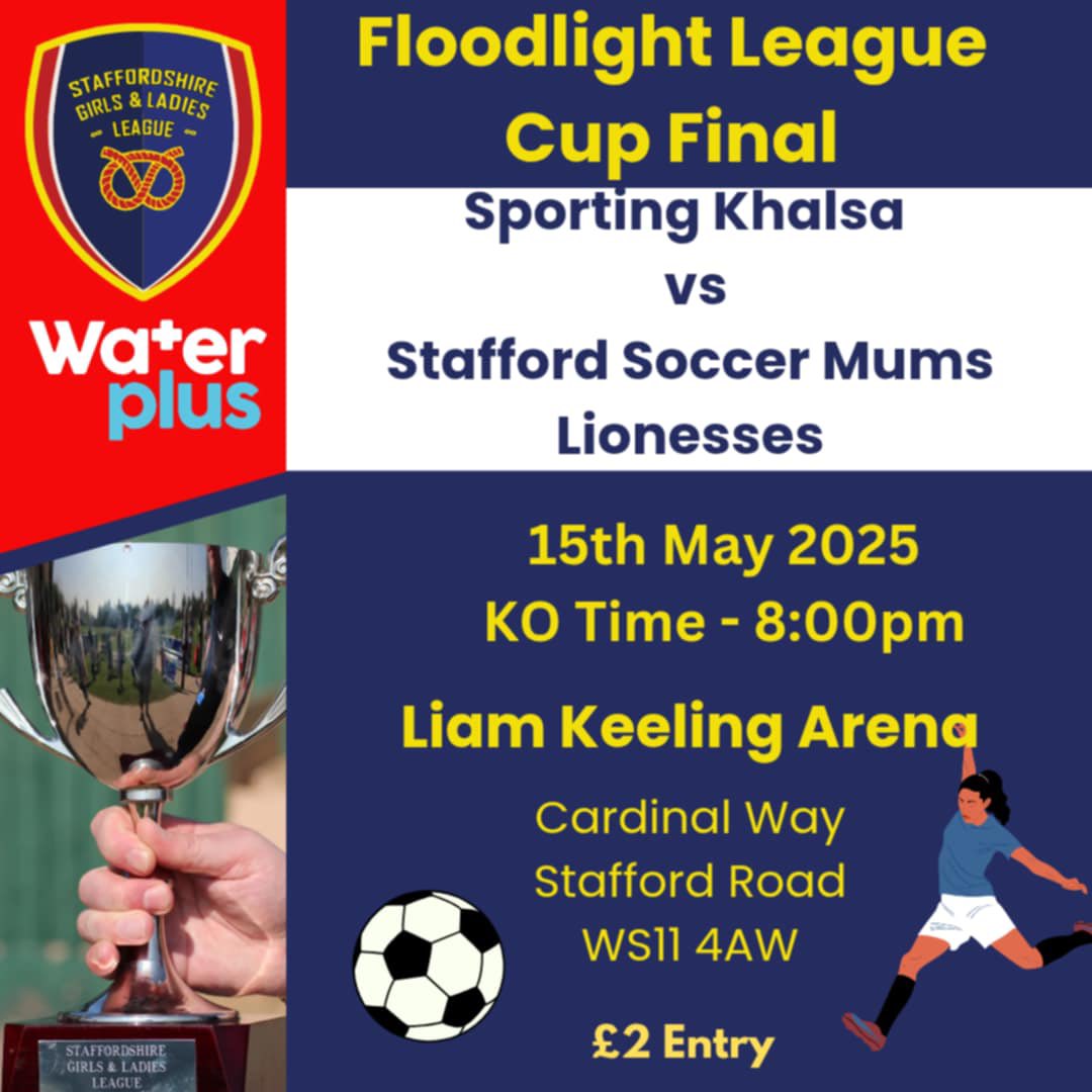 Tonight sees the last remaining midweek final where Sporting Khalsa battle it out against Stafford Soccer Mums Lionesses.

Come on down and show your support!!
