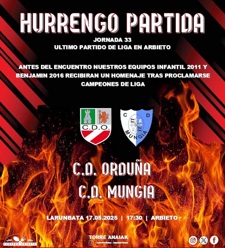 🔴⚪️PRIMER EQUIPO🔴⚪️
Hurrengo Partida/ Próximo partido
C.D. Orduña 🆚 C.D. Mungia
🏟️ Arbieto
🗓️Larunbata / Sábado
⏰ 17:30