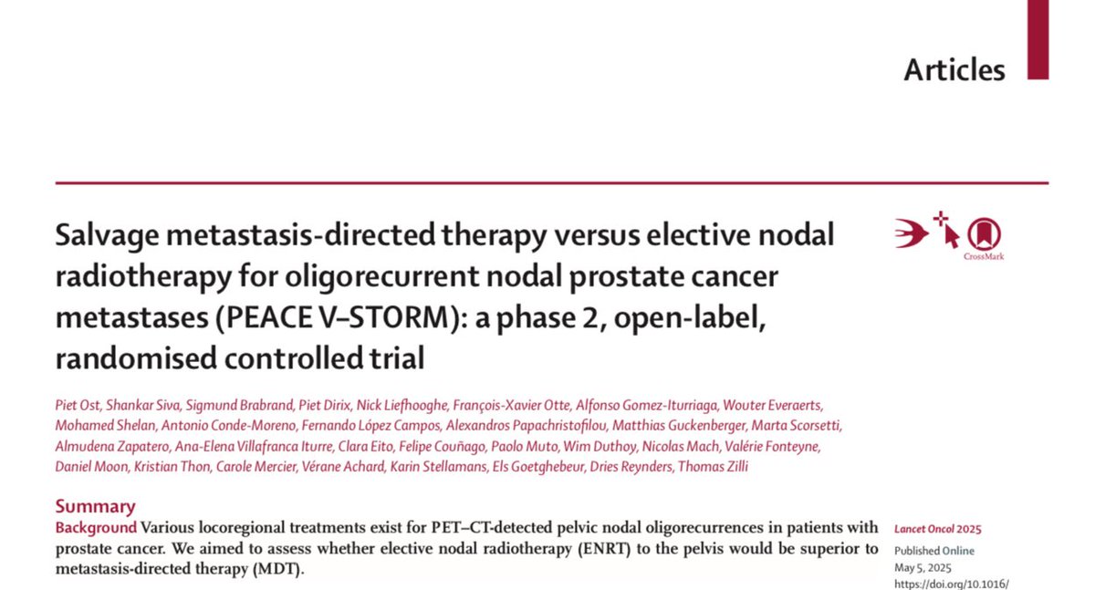 [1/5]
Buenas noticias para pacientes con #CáncerDePróstata recurrente. Nuestro equipo de Oncología Radioterápica ha participado en el ensayo PEACE V–STORM, recién publicado en The Lancet Oncology. Te contamos por qué es importante.
#Oncología #Radonc 
<a href="/Antoniojconde/">Dr. Antonio J. Conde</a> <a href="/HospitalLaFe/">HospitalLaFe</a>
