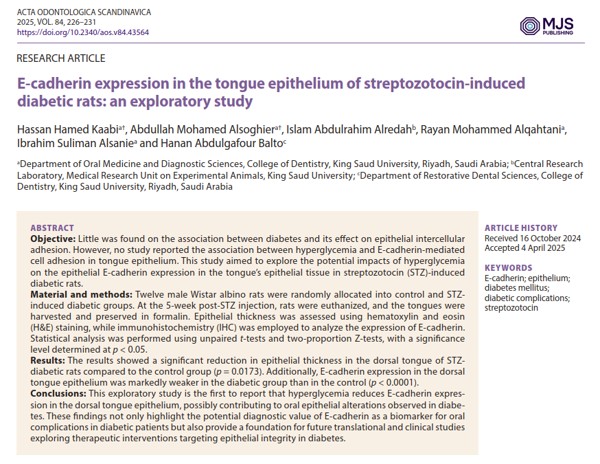 تم بحمد الله نشر بحثنا (الأول من نوعه) الذي يوضح أن ارتفاع سكر الدم يؤدي إلى انخفاض في مستوى بروتين E-cadherin  في أنسجة اللسان. أشارت النتائج إلى إحتمالية استخدام البروتين لتشخيص مضاعفات الفم المرتبطة بالسكري وفتح المجال  لاستكشاف علاجات تحافظ على سلامةأنسجة الفم لدى مرضى السكري