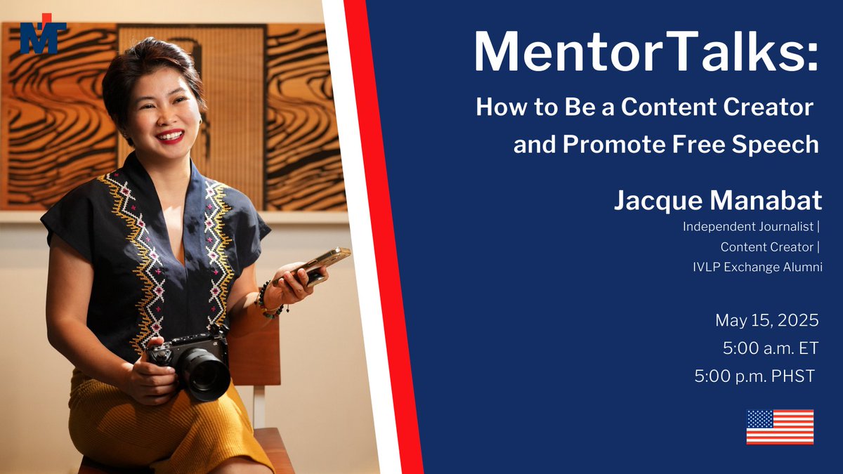 ExchangeAlumni (@exchangealumni) on Twitter photo Do you want to know how you can promote #freespeech? Find out how from journalist and <a href="/StateIVLP/">IVLP</a> #ExchangeAlumni @JacqueManabat on #MentorTalks, May 15 at 5am ET: bit.ly/CareersinMedia…
<a href="/exchangealumni/">ExchangeAlumni</a> <a href="/ECAatState/">Educational & Cultural Affairs—U.S. Dept. of State</a> @statedept <a href="/USEmbassyPH/">U.S. Embassy in the Philippines</a> Do you want to know how you can promote #freespeech? Find out how from journalist and <a href="/StateIVLP/">IVLP</a> #ExchangeAlumni @JacqueManabat on #MentorTalks, May 15 at 5am ET: bit.ly/CareersinMedia…
<a href="/exchangealumni/">ExchangeAlumni</a> <a href="/ECAatState/">Educational & Cultural Affairs—U.S. Dept. of State</a> @statedept <a href="/USEmbassyPH/">U.S. Embassy in the Philippines</a>