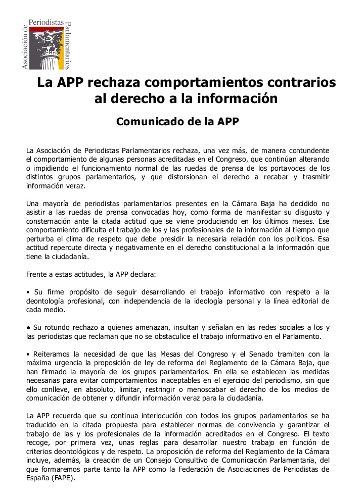La <a href="/APP_Cortes/">APP</a> emite un comunicado donde rechaza los comportamientos contrarios al derecho a la información.