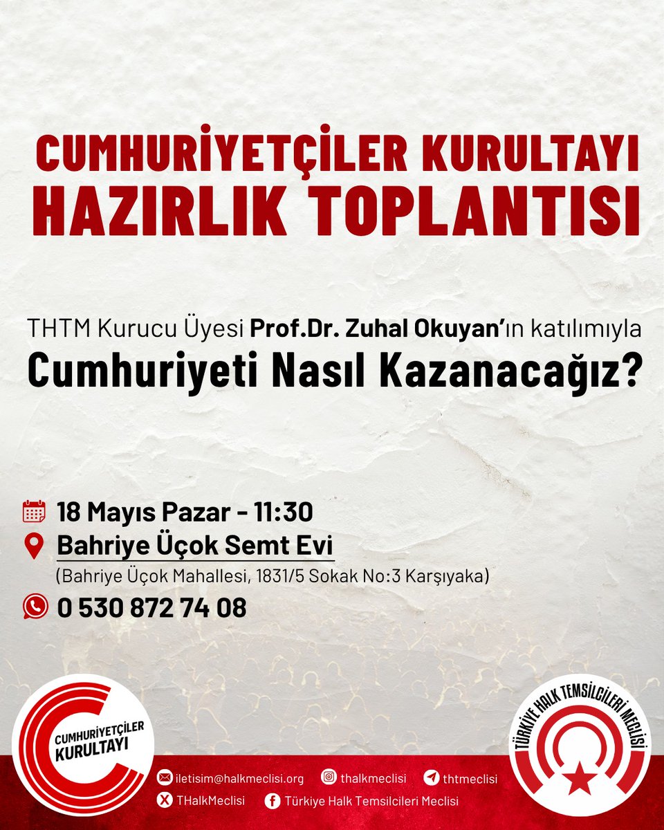 Bugün, Cumhuriyete sahip çıkanların bir araya gelmesi ve birlikte düşünmesi her zamankinden daha kıymetli. Sizleri aramızda görmekten büyük memnuniyet duyarız.

Adres: Bahriye Çok Semt Evi
Bahriye Üçok Mahallesi, 1831/5 Sokak No:3
Karşıyaka / İzmir
İletişim: 0 530 872 74 08