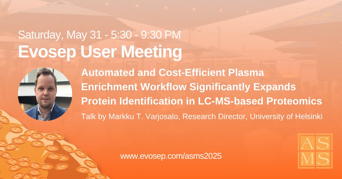 Evosep (@evosepbio) on Twitter photo Heading to #ASMS2025 in Baltimore? Join us May 31 for the Evosep User Meeting! Markku Varjosalo of <a href="/HiLIFE_helsinki/">HiLIFE_Helsinki</a> shares insights on automated plasma workflows. Connect, learn, and network—refreshments included! Register here: evosep.com/asms2025/
#teammassspec #proteomics Heading to #ASMS2025 in Baltimore? Join us May 31 for the Evosep User Meeting! Markku Varjosalo of <a href="/HiLIFE_helsinki/">HiLIFE_Helsinki</a> shares insights on automated plasma workflows. Connect, learn, and network—refreshments included! Register here: evosep.com/asms2025/
#teammassspec #proteomics