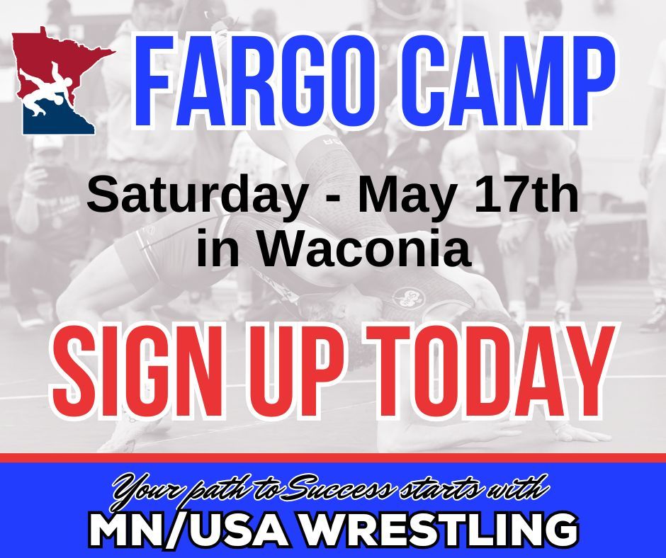 This Saturday in Waconia is Fargo Camp for all boys and girls 16U and Junior hoping to wrestle at Fargo and/or duals. Check-in is at 8:30am practice starts at 9 and goes until 2pm. Lunch will be served. Please sign-up  now. buff.ly/Ck5wuLP 
#mnusawrestling #mnstorm