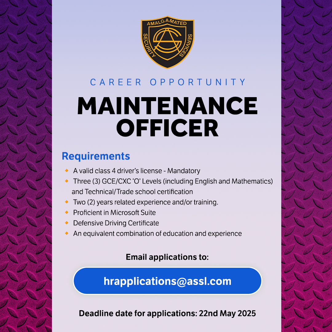 ASSLTT's tweet photo. 🚨 Career Opportunity: Maintenance Officer

Send your applications to: hrapplications@assl.com
🗓️ Deadline: 22nd May 2025
#ASSLJobs #NowHiring #MaintenanceOfficer #ASSLCareers #JoinOurTeam #FacilitiesJobs #TrinidadJobs #CaribbeanCareers #SecurityIndustryJobs #AmalgamatedSecurity https://t.co/lC1e4PtcB3